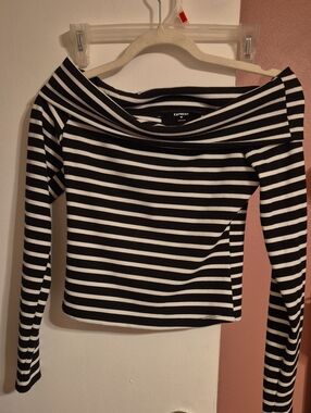 Express Black and White Ribbed  Off-the-Shoulder Striped Long Sleeve Top